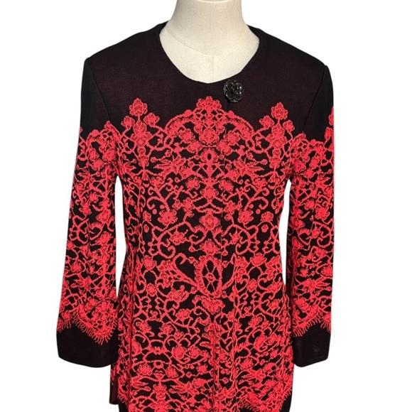 MISOOK Lace Print Long Jacket Cardigan Sweater Red‎ Black Size S Button Work - Picture 5 of 9